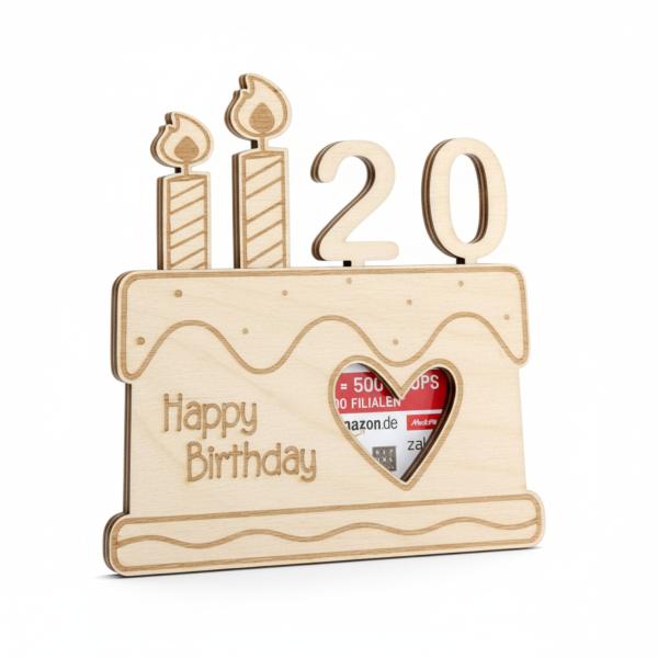 Gutscheingeschenkkartenhalter aus graviertem Holz mit eingesteckten Geburtstagszahlen und Platz für eine Gutscheinkarte.